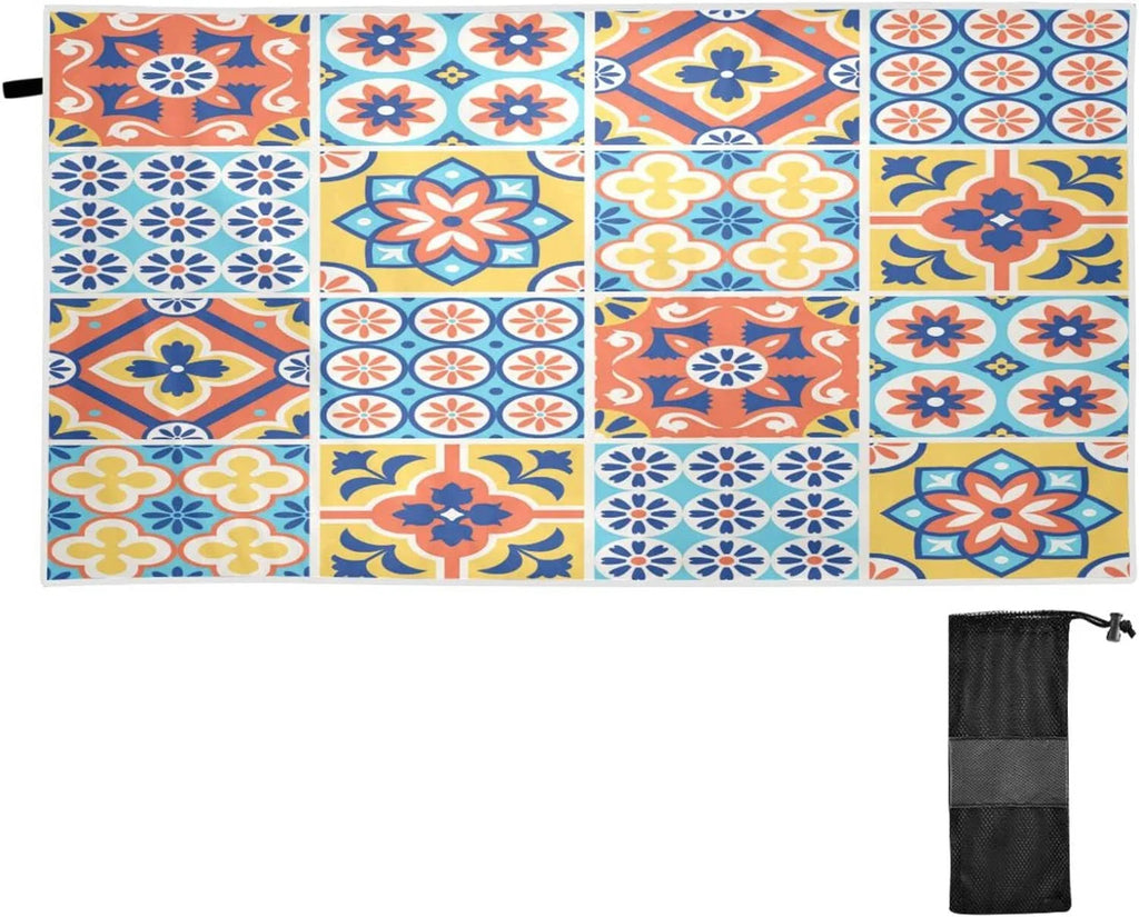 Bestwell Mexican Talavera Tiles Style Beach Towel Oversized Towel Blanket, Thin Lightweight Microfiber Sand Free Quick Dry Towel, 31”X71” Multipurpose Pool Bath Yoga Swim Shower Towel