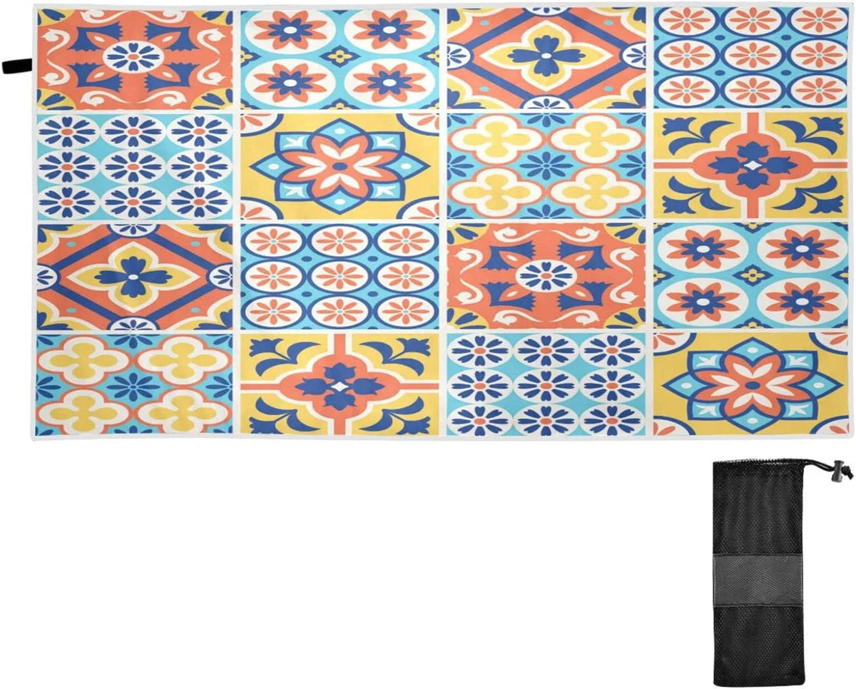 Bestwell Mexican Talavera Tiles Style Beach Towel Oversized Towel Blanket, Thin Lightweight Microfiber Sand Free Quick Dry Towel, 31”X71” Multipurpose Pool Bath Yoga Swim Shower Towel