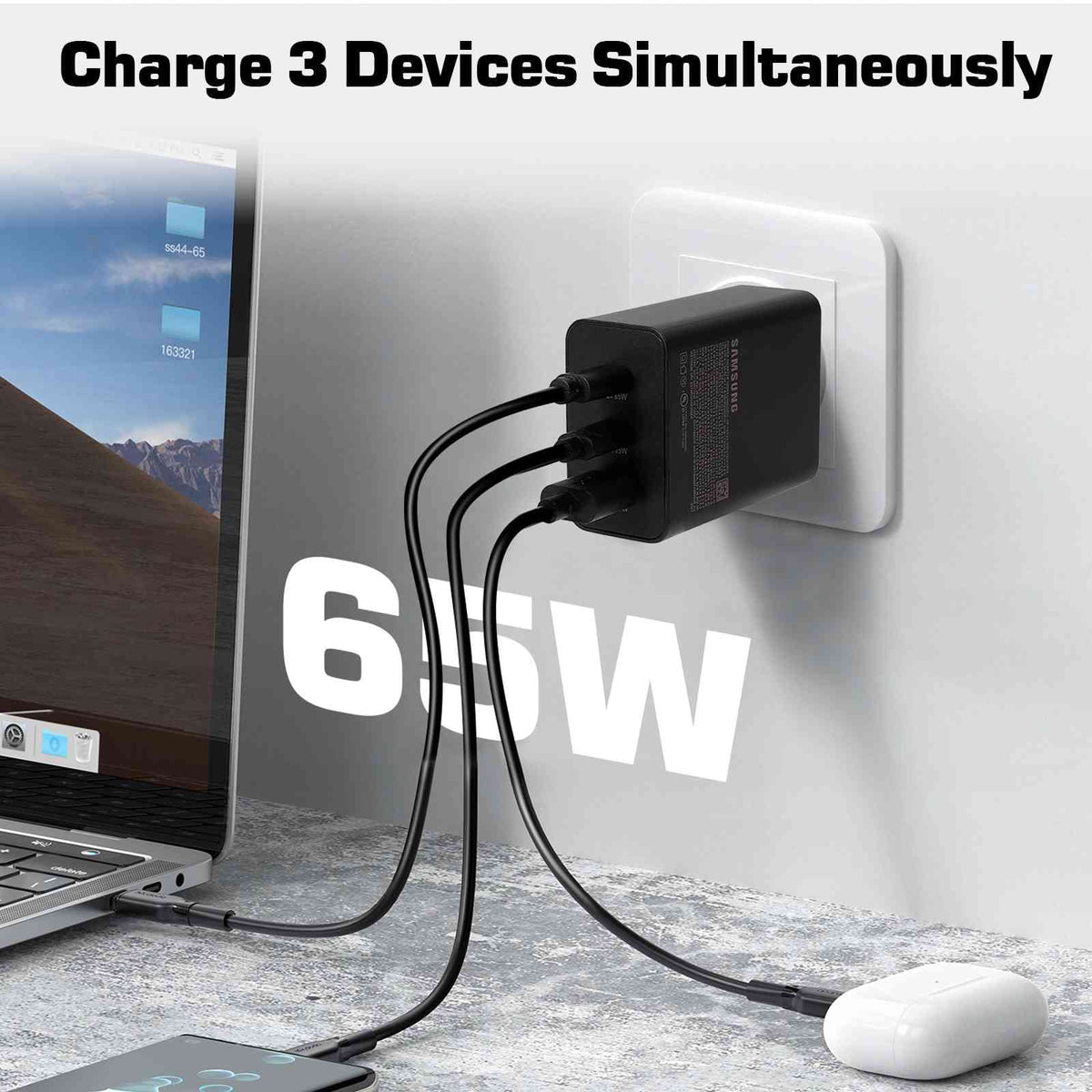 65W Fast Travel Charger with 3 Ports - USB & Dual USB-C - High-Speed Charging for Xperia Z3v/Z3/Z3 Compact/Z2 Tablet LTE/Z2 Tablet Wi-Fi iPhone,  Galaxy, Laptops, Phones Google Pixel, MacBook